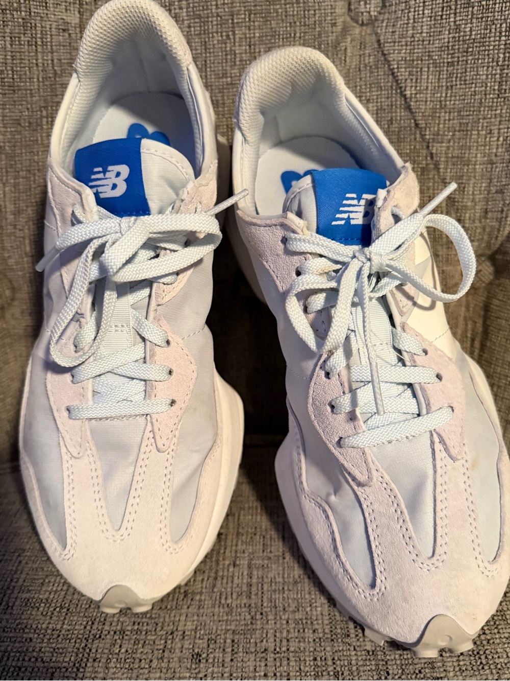 New Balance White & Pale Blue Suede Mesh Trainers with Blue Logo